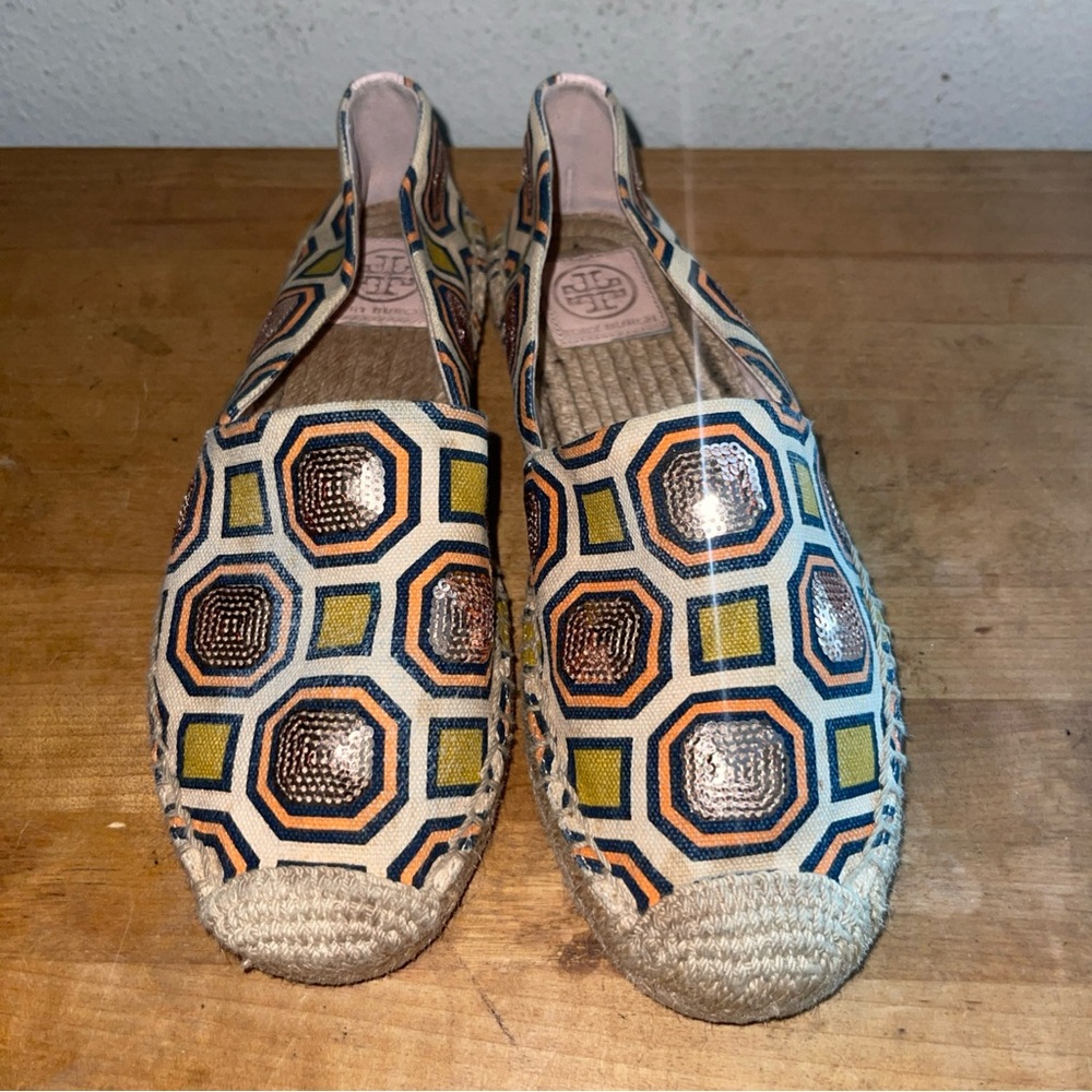 Tory Burch Cecily Embellished Espadrille Flats Octagon Square Ivory Size 7 - Picture 4 of 5